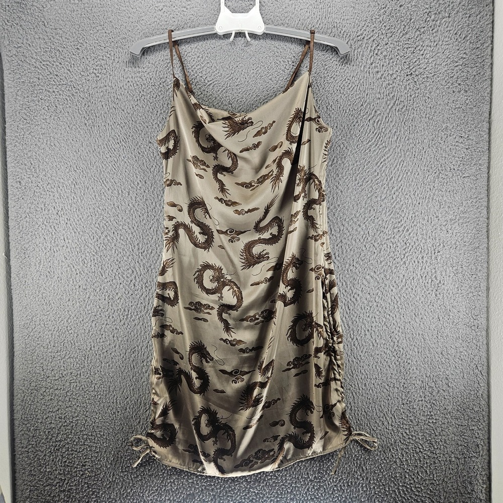 Timing Beige Satin Dragon-Print Slip Dress